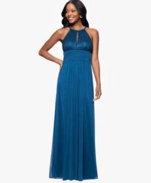 B&A by Betsy & Adam Petites Lace Long Halter Dress in Peacock